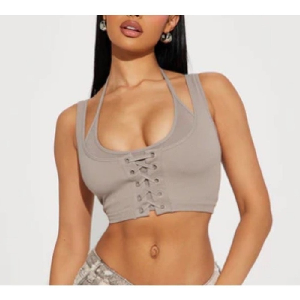 ANWND Halter Crop Top‎ SMALL Ribbed Lace-Up Casual Sleeveless Taupe Sexy Rave